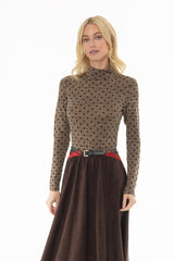 Brown Velvet Printed Turtleneck Top