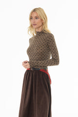 Brown Velvet Printed Turtleneck Top