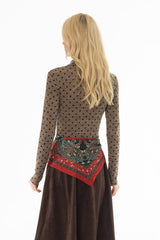 Brown Velvet Printed Turtleneck Top