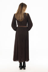Brown Velvet Striped Waisted Maxi Dress