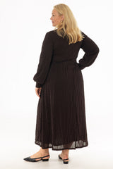 Brown Velvet Striped Waisted Maxi Dress