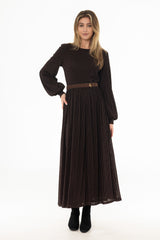 Brown Velvet Striped Waisted Maxi Dress