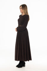 Brown Velvet Striped Waisted Maxi Dress