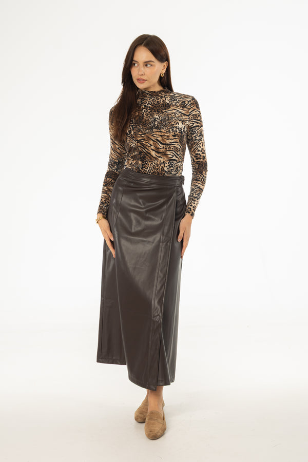 Brown Wrap Vegan Leather Maxi Skirt