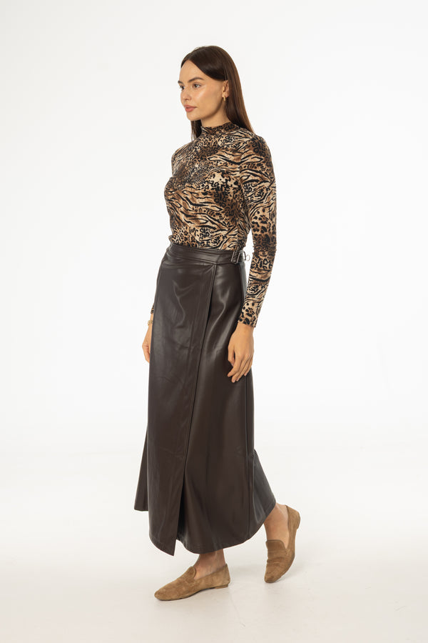 Brown Wrap Vegan Leather Maxi Skirt
