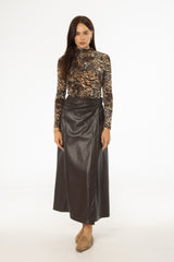 Brown Wrap Vegan Leather Maxi Skirt