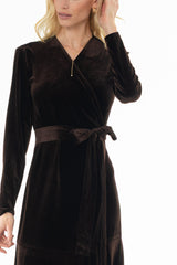 Brown Wrap Velour Maxi Dress