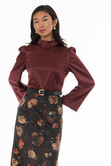Burgundy Bell Sleeve Satin Top