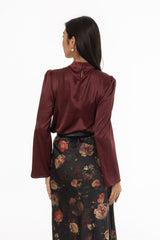 Burgundy Bell Sleeve Satin Top