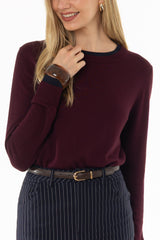 Burgundy Contrast Neck Thin Knit Sweater
