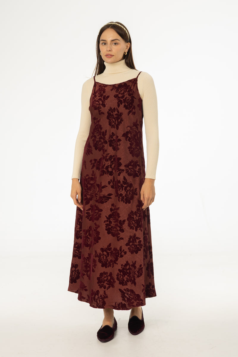 Burgundy Flower Print Velvet Slip Jumper