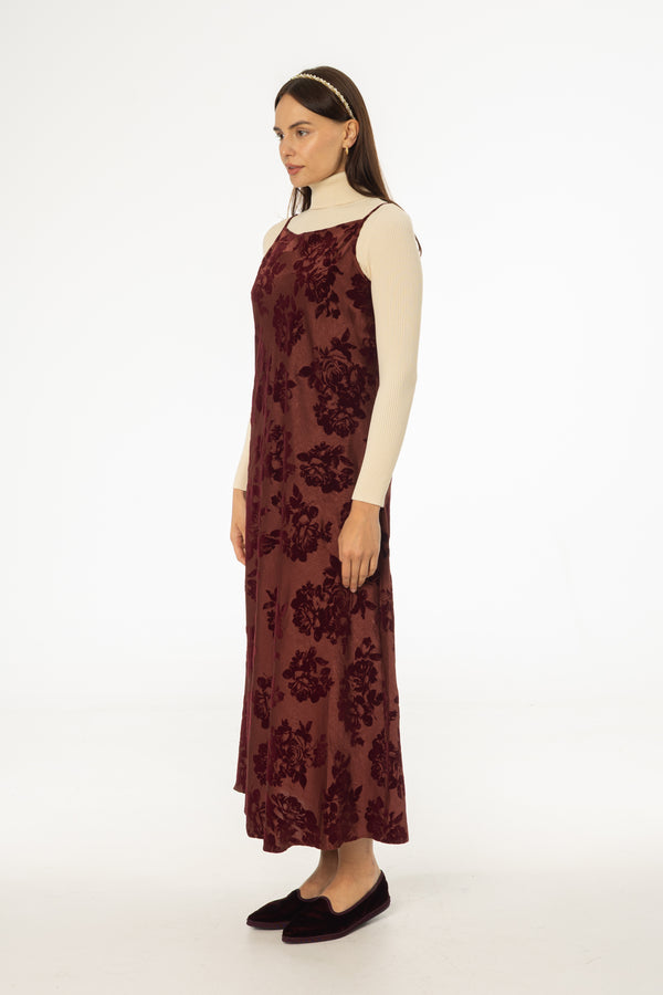 Burgundy Flower Print Velvet Slip Jumper