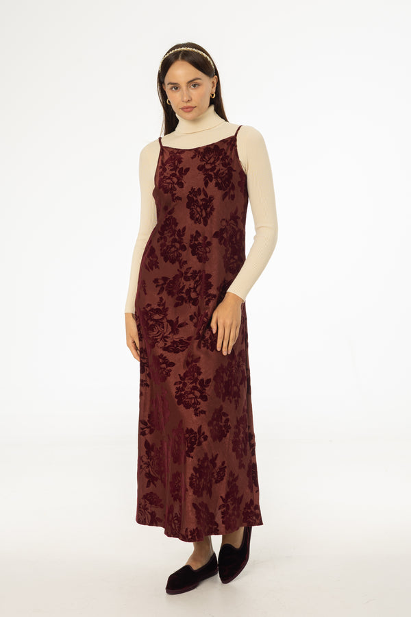 Burgundy Flower Print Velvet Slip Jumper