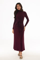Burgundy Mock Neck Tie Front Dress