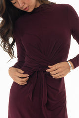 Burgundy Mock Neck Tie Front Dress
