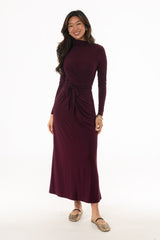Burgundy Mock Neck Tie Front Dress