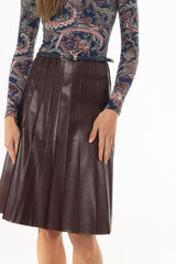 Burgundy Pintuck Vegan Leather Midi Skirt