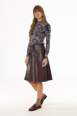 Burgundy Pintuck Vegan Leather Midi Skirt