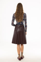 Burgundy Pintuck Vegan Leather Midi Skirt