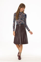 Burgundy Pintuck Vegan Leather Midi Skirt