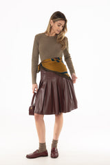 Burgundy Pleated Leather Skirt