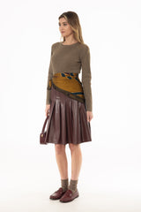 Burgundy Pleated Leather Skirt