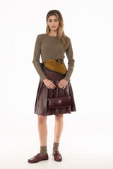 Burgundy Pleated Leather Skirt