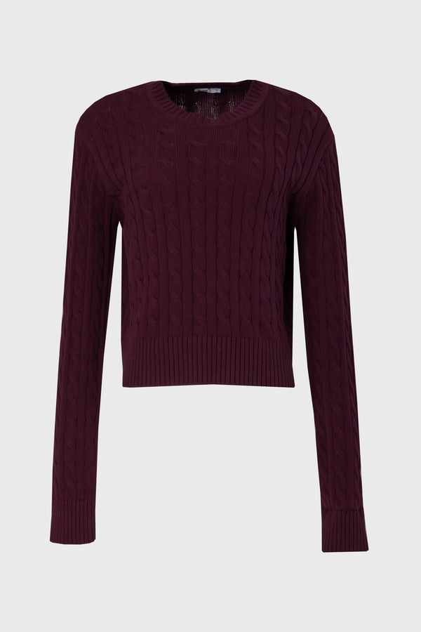 Burgundy cable knit sweater with round neckline
