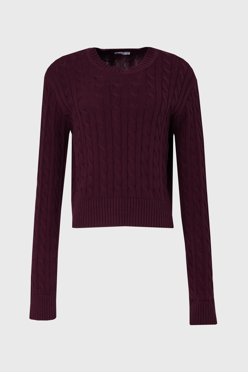 Burgundy cable knit sweater with round neckline