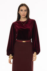 Burgundy Velvet Gathered Sleeve Top