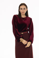 Burgundy Velvet Gathered Sleeve Top