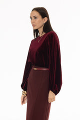 Burgundy Velvet Gathered Sleeve Top