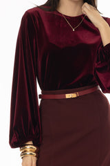 Burgundy Velvet Gathered Sleeve Top