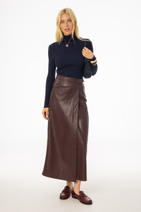 Burgundy Wrap Vegan Leather Maxi Skirt