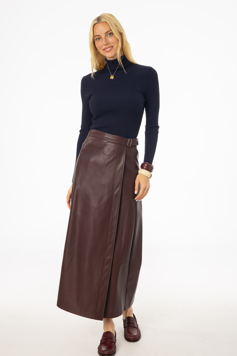 Burgundy Wrap Vegan Leather Maxi Skirt