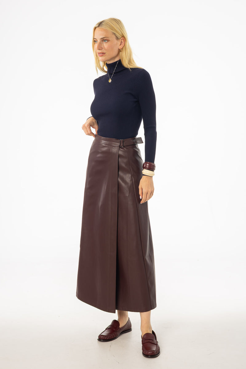 Burgundy Wrap Vegan Leather Maxi Skirt