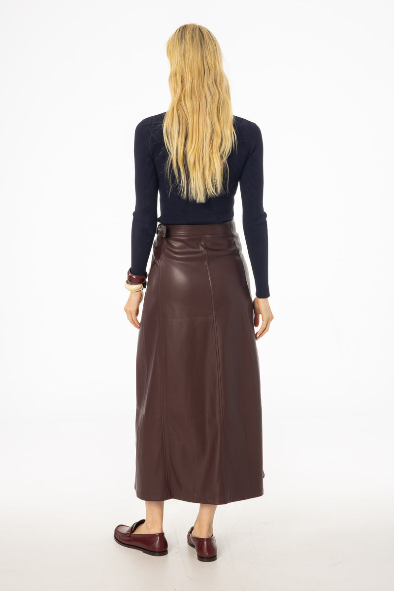 Burgundy Wrap Vegan Leather Maxi Skirt