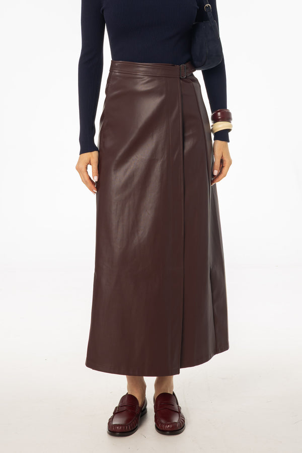 Burgundy Wrap Vegan Leather Maxi Skirt