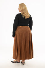Camel Accordion Pleat Microsuede Maxi Skirt