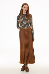 Camel Accordion Pleat Microsuede Maxi Skirt