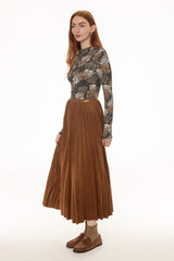 Camel Accordion Pleat Microsuede Maxi Skirt