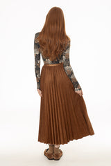 Camel Accordion Pleat Microsuede Maxi Skirt