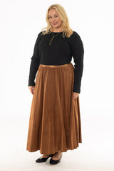 Camel Accordion Pleat Microsuede Maxi Skirt