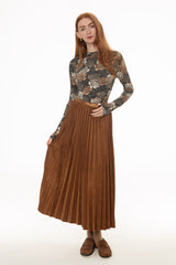 Camel Accordion Pleat Microsuede Maxi Skirt