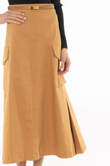 Camel Cargo Pleat Maxi Skirt