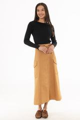 Camel Cargo Pleat Maxi Skirt