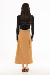 Camel Cargo Pleat Maxi Skirt