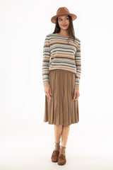 Camel Herringbone Pleated Skirt