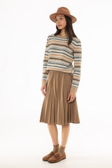Camel Herringbone Pleated Skirt