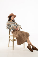 Camel Herringbone Pleated Skirt